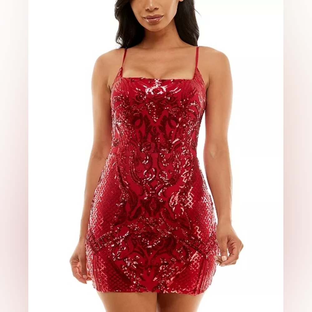 B.Darlin Spaghetti Strap Square Neck Short Fitted Dress Small Red Sequin Bodycon - Picture 6 of 9